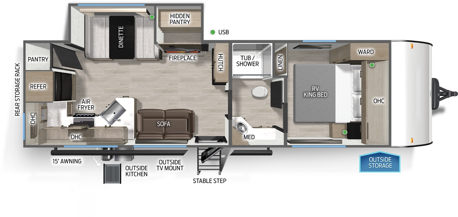 The Cascade 26SSC floorplan has one entry and one slide out. Exterior features include: fiberglass exterior, 15' awning and outside kitchen. Interiors features include: rear kitchen, front bedroom and pass through bathroom.